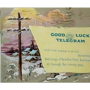 New Year Good Luck Telegram Postcard Church Cable Lines Embossed Vintage